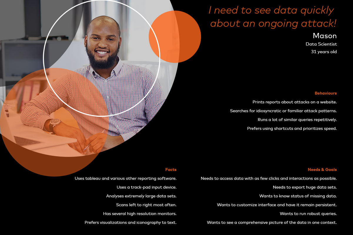 a user persona representing a fraud analyst, including a photo, name, job title, background, goals, pain points, and technical expertise.