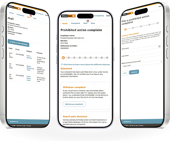 WorkSafeBC Prohibited Action Complaint app on three phones