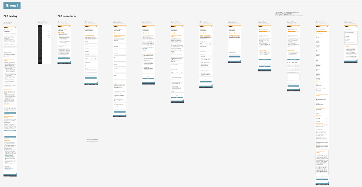 a high-fidelity mockup showing the visual design and layout of the online complaint portal for workers and staff at WorkSafeBC. The mockup includes a series of pages and features, as well as annotations explaining the design decisions.