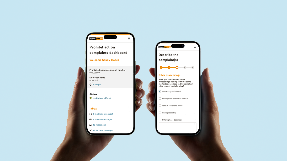 a prototype showing the interactive design and functionality of the online complaint submission form and portal for workers and staff at WorkSafeBC. The prototype includes a series of pages and features, as well as annotations explaining the design decisions.