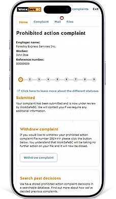 WorkSafeBC Prohibited Action Complaint app on three phones