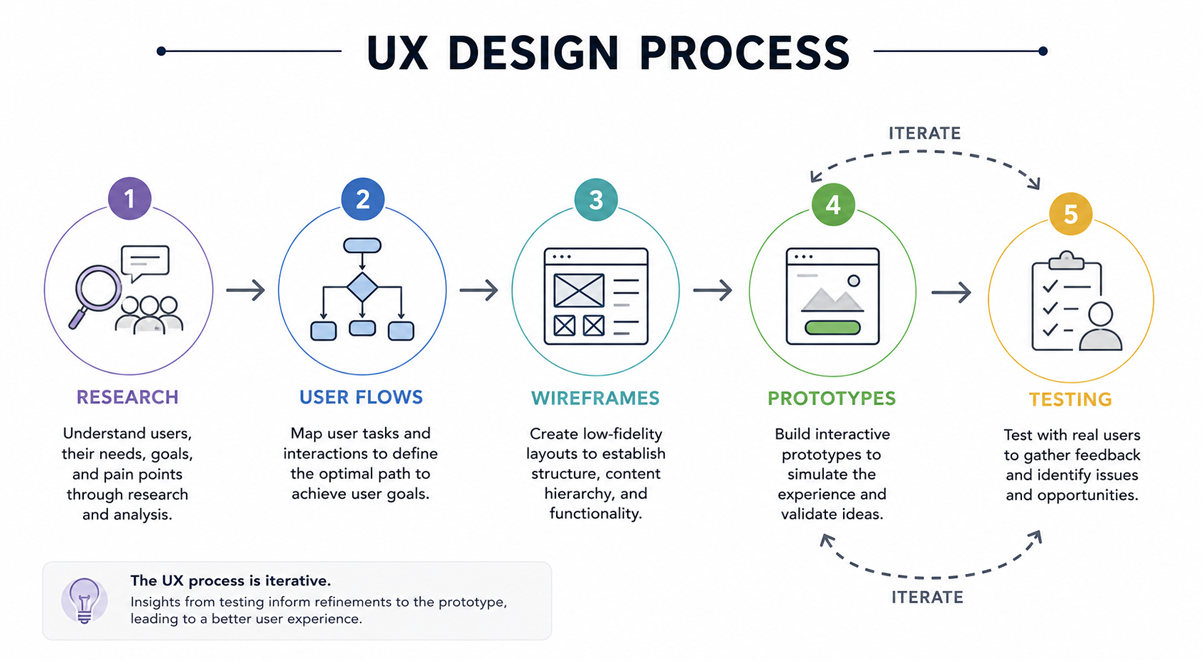 a chart explaining the UX design process for the NuDetect project, including user research, wireframing, prototyping, and usability testing.