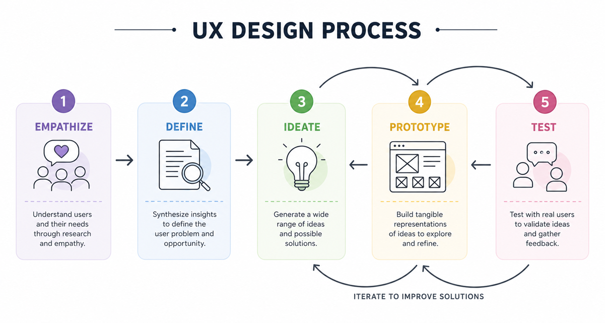A diagram showing the UX design process for the project, including user research, wireframing, prototyping, and usability testing.