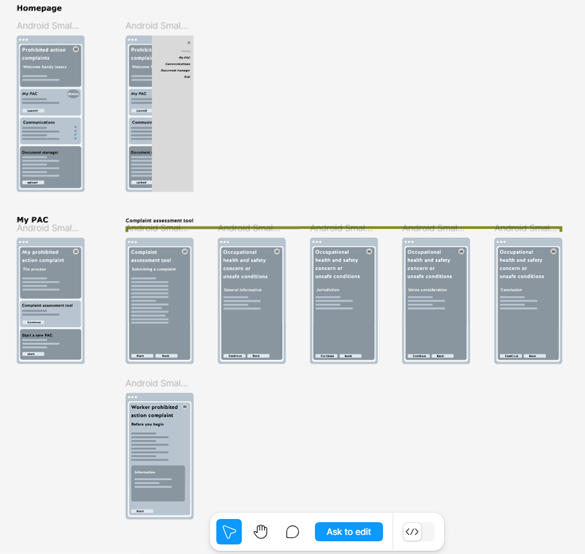 a mobile wireframe showing the layout and structure of the online complaint submission form for workers at WorkSafeBC. The wireframe includes a series of input fields, buttons, and other elements, as well as annotations explaining the design decisions.